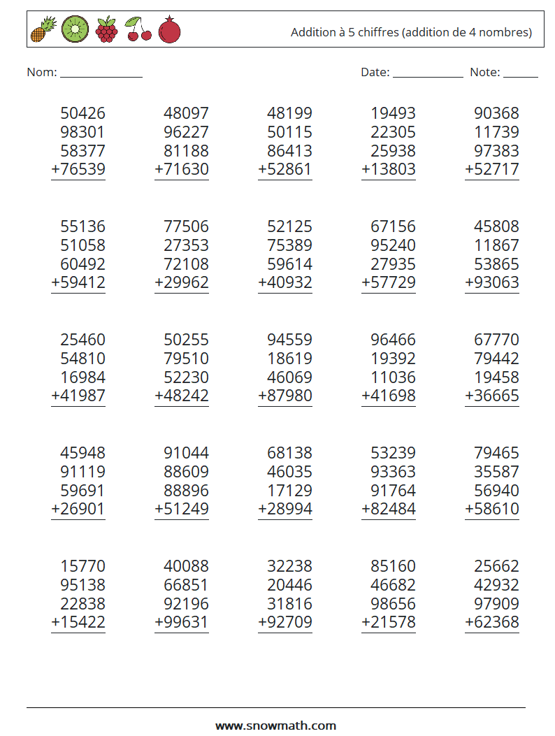 (25) Addition à 5 chiffres (addition de 4 nombres) Fiches d'Exercices de Mathématiques 10
