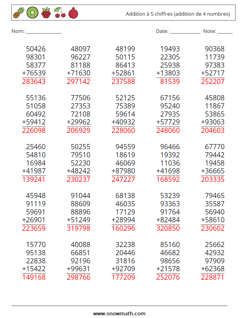 (25) Addition à 5 chiffres (addition de 4 nombres) Fiches d'Exercices de Mathématiques 10 Question, Réponse