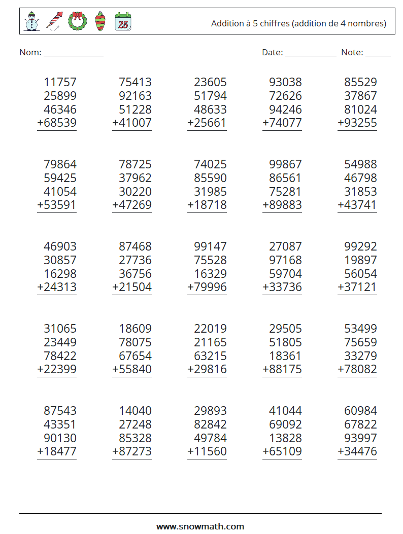 (25) Addition à 5 chiffres (addition de 4 nombres) Fiches d'Exercices de Mathématiques 11