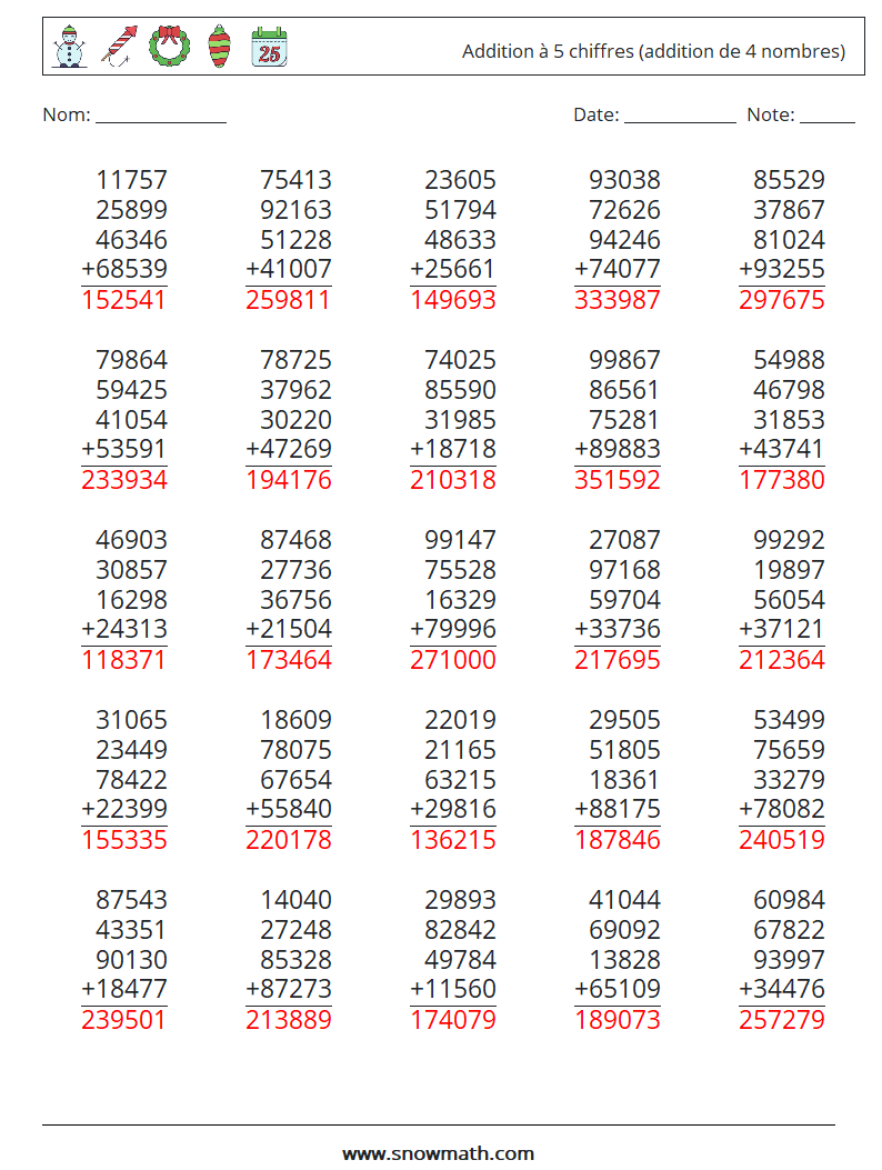 (25) Addition à 5 chiffres (addition de 4 nombres) Fiches d'Exercices de Mathématiques 11 Question, Réponse