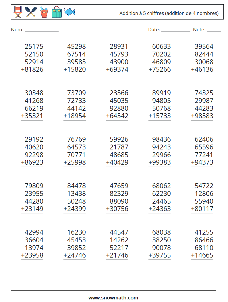 (25) Addition à 5 chiffres (addition de 4 nombres) Fiches d'Exercices de Mathématiques 12