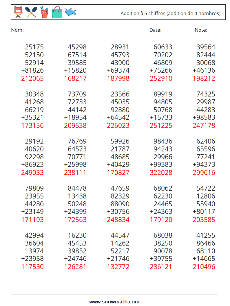 (25) Addition à 5 chiffres (addition de 4 nombres) Fiches d'Exercices de Mathématiques 12 Question, Réponse