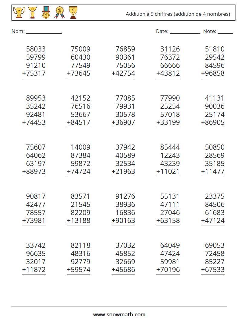 (25) Addition à 5 chiffres (addition de 4 nombres) Fiches d'Exercices de Mathématiques 13