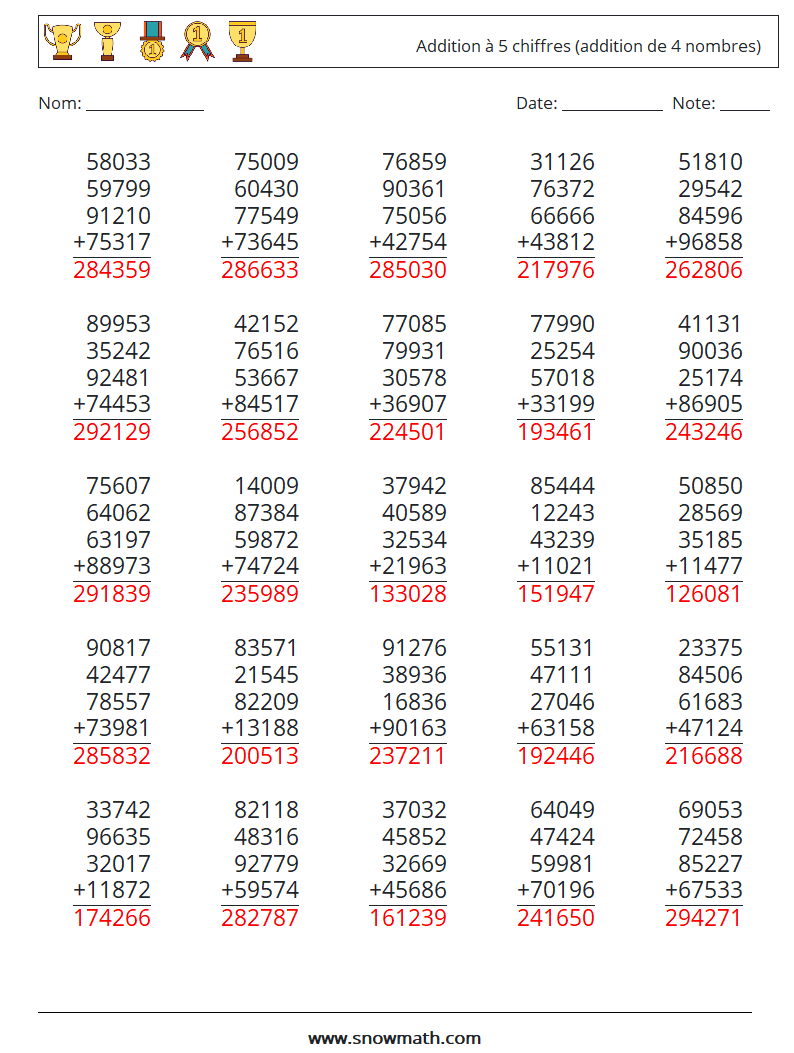 (25) Addition à 5 chiffres (addition de 4 nombres) Fiches d'Exercices de Mathématiques 13 Question, Réponse