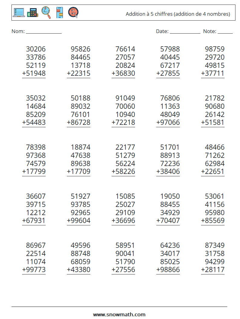 (25) Addition à 5 chiffres (addition de 4 nombres) Fiches d'Exercices de Mathématiques 14