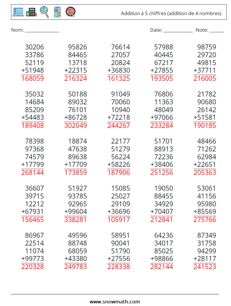 (25) Addition à 5 chiffres (addition de 4 nombres) Fiches d'Exercices de Mathématiques 14 Question, Réponse