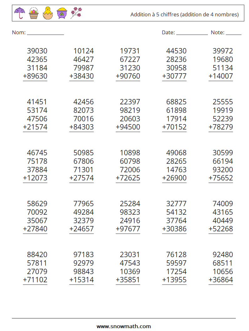 (25) Addition à 5 chiffres (addition de 4 nombres) Fiches d'Exercices de Mathématiques 15