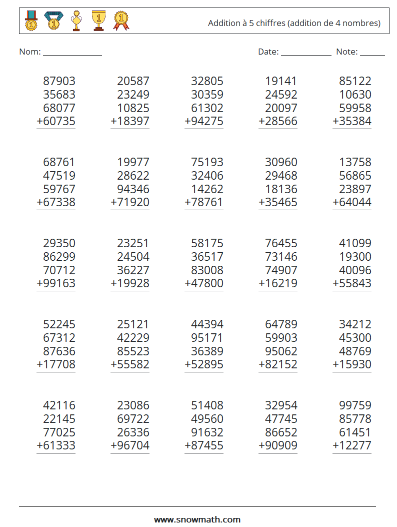 (25) Addition à 5 chiffres (addition de 4 nombres) Fiches d'Exercices de Mathématiques 16
