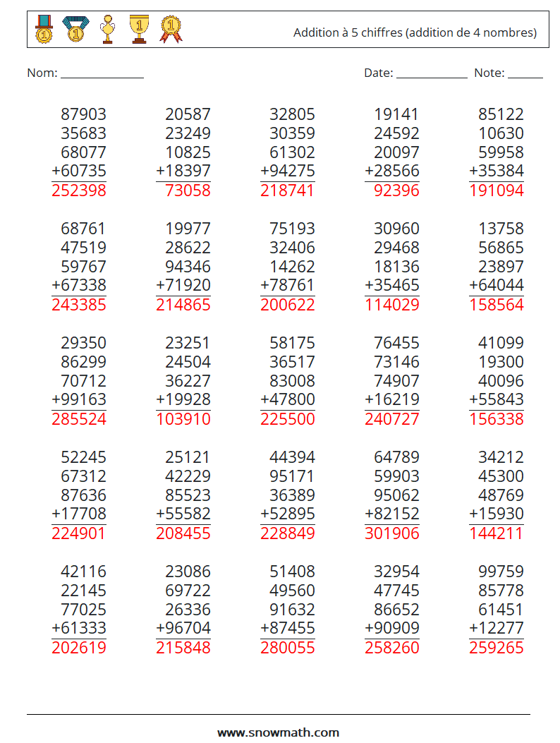 (25) Addition à 5 chiffres (addition de 4 nombres) Fiches d'Exercices de Mathématiques 16 Question, Réponse