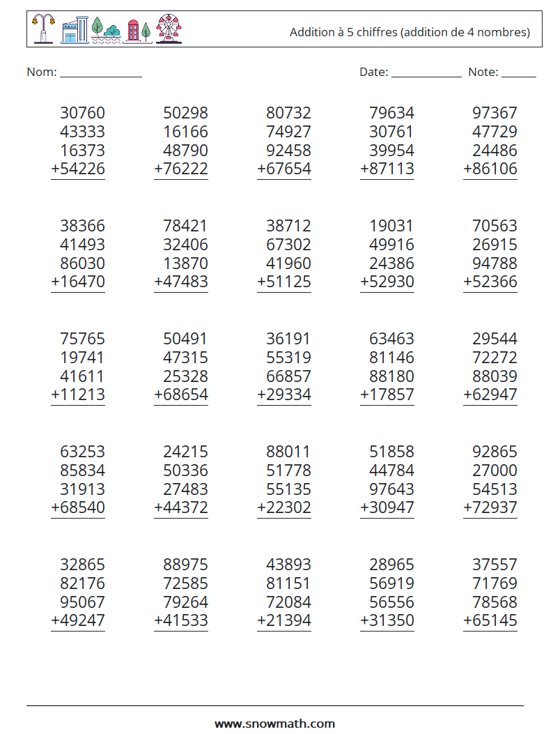 (25) Addition à 5 chiffres (addition de 4 nombres) Fiches d'Exercices de Mathématiques 17
