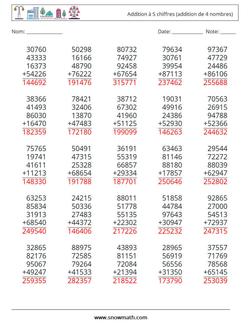 (25) Addition à 5 chiffres (addition de 4 nombres) Fiches d'Exercices de Mathématiques 17 Question, Réponse