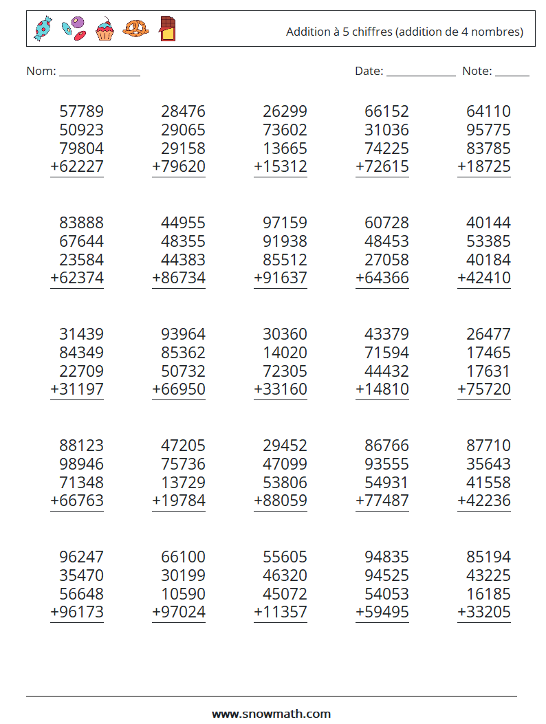 (25) Addition à 5 chiffres (addition de 4 nombres) Fiches d'Exercices de Mathématiques 18