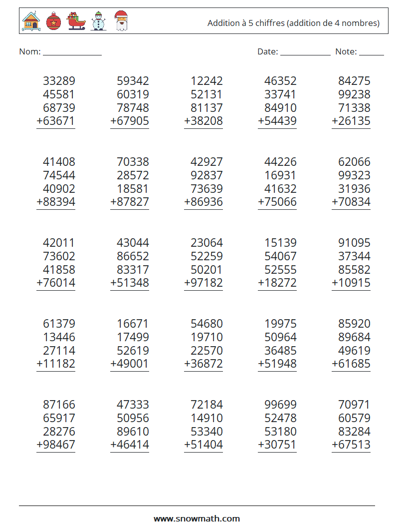 (25) Addition à 5 chiffres (addition de 4 nombres) Fiches d'Exercices de Mathématiques 2