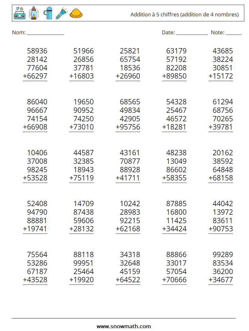 (25) Addition à 5 chiffres (addition de 4 nombres) Fiches d'Exercices de Mathématiques 3