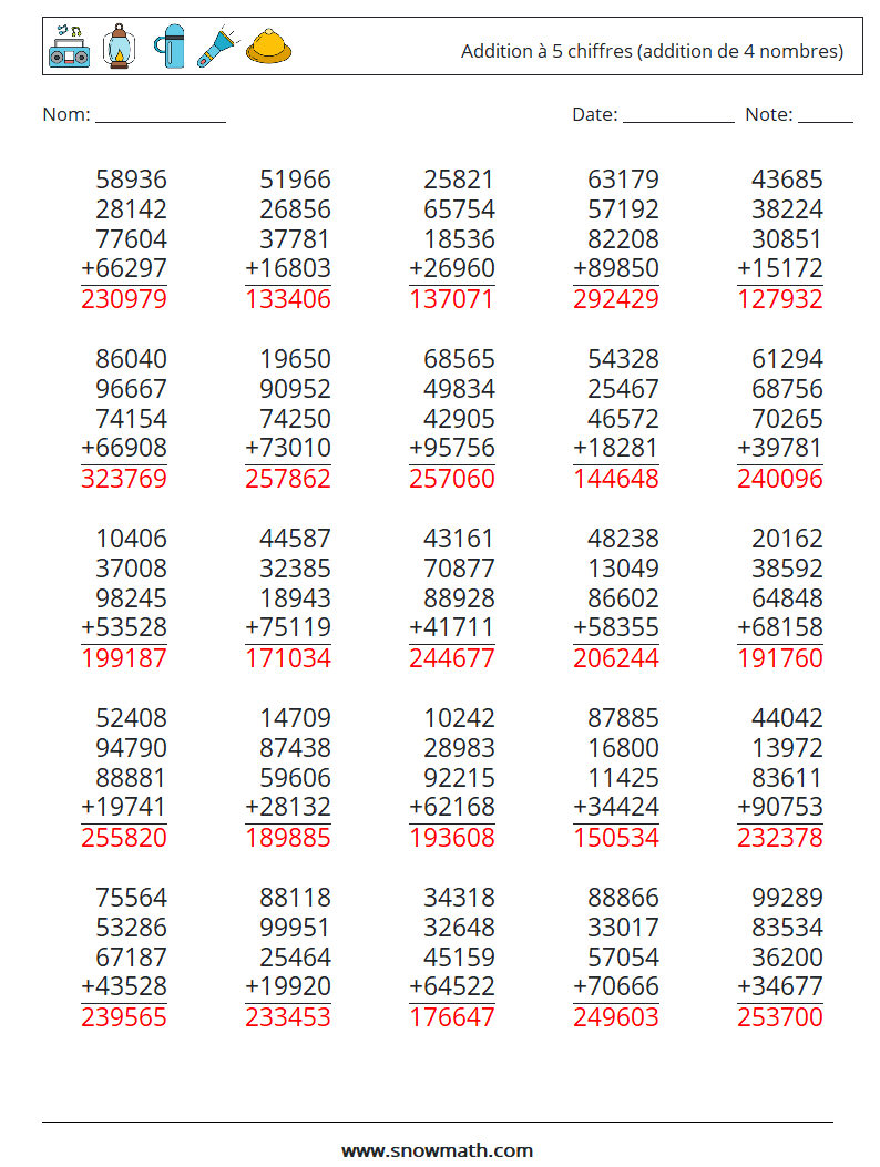(25) Addition à 5 chiffres (addition de 4 nombres) Fiches d'Exercices de Mathématiques 3 Question, Réponse