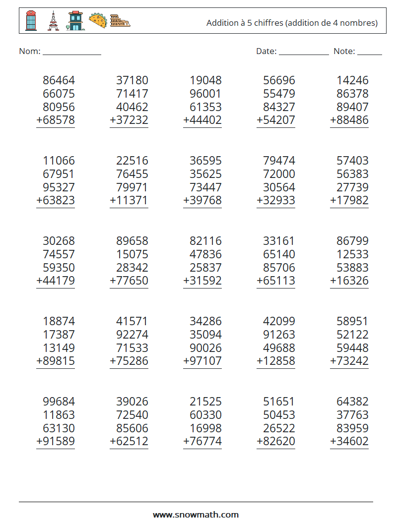 (25) Addition à 5 chiffres (addition de 4 nombres) Fiches d'Exercices de Mathématiques 4