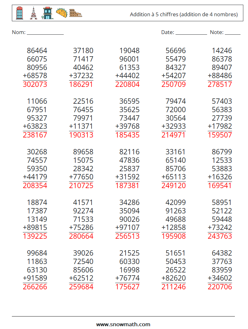 (25) Addition à 5 chiffres (addition de 4 nombres) Fiches d'Exercices de Mathématiques 4 Question, Réponse