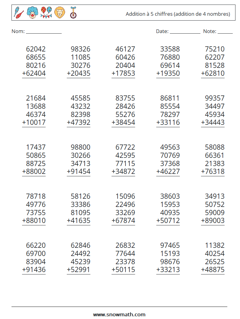 (25) Addition à 5 chiffres (addition de 4 nombres) Fiches d'Exercices de Mathématiques 5