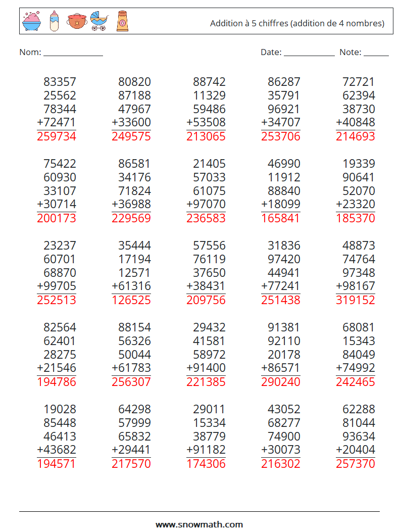 (25) Addition à 5 chiffres (addition de 4 nombres) Fiches d'Exercices de Mathématiques 6 Question, Réponse
