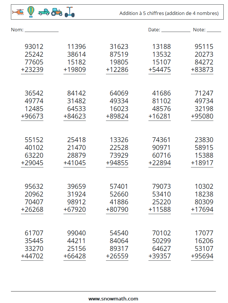 (25) Addition à 5 chiffres (addition de 4 nombres) Fiches d'Exercices de Mathématiques 7