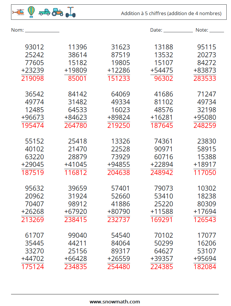 (25) Addition à 5 chiffres (addition de 4 nombres) Fiches d'Exercices de Mathématiques 7 Question, Réponse