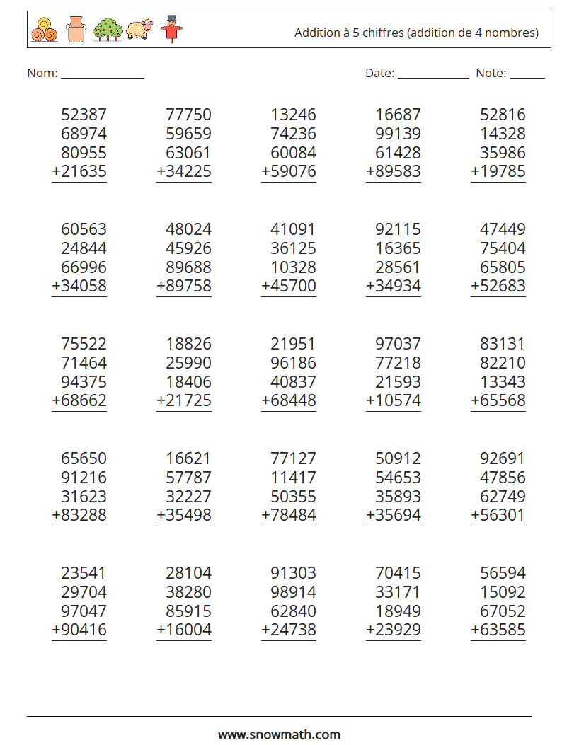 (25) Addition à 5 chiffres (addition de 4 nombres) Fiches d'Exercices de Mathématiques 8