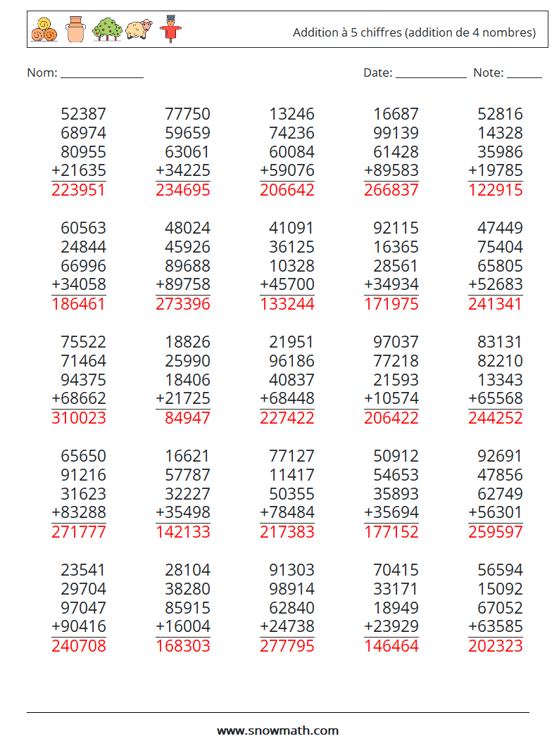 (25) Addition à 5 chiffres (addition de 4 nombres) Fiches d'Exercices de Mathématiques 8 Question, Réponse