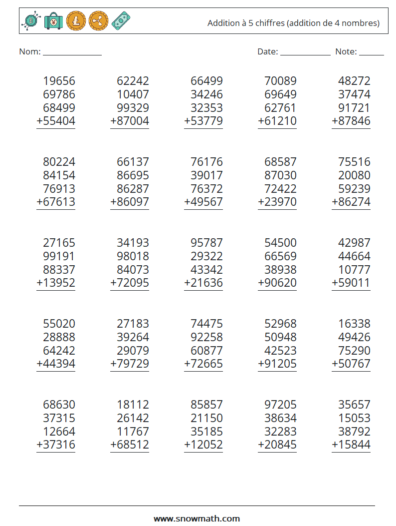 (25) Addition à 5 chiffres (addition de 4 nombres) Fiches d'Exercices de Mathématiques 9
