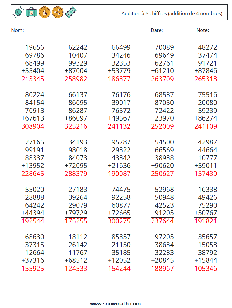 (25) Addition à 5 chiffres (addition de 4 nombres) Fiches d'Exercices de Mathématiques 9 Question, Réponse