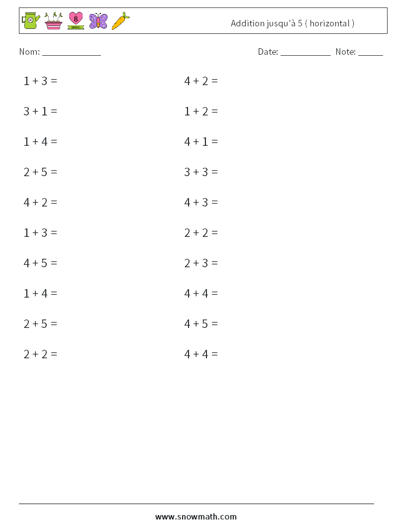 (20) Addition jusqu'à 5 ( horizontal ) Fiches d'Exercices de Mathématiques 1