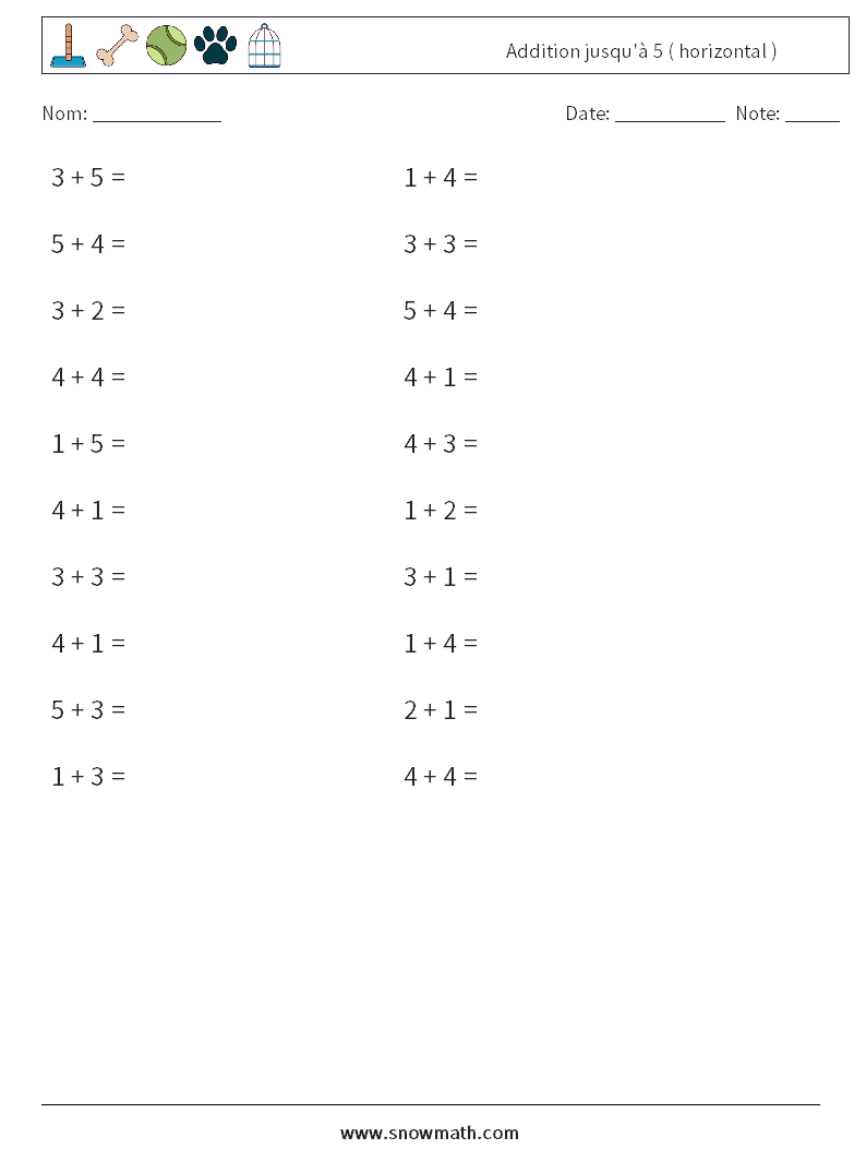 (20) Addition jusqu'à 5 ( horizontal ) Fiches d'Exercices de Mathématiques 2