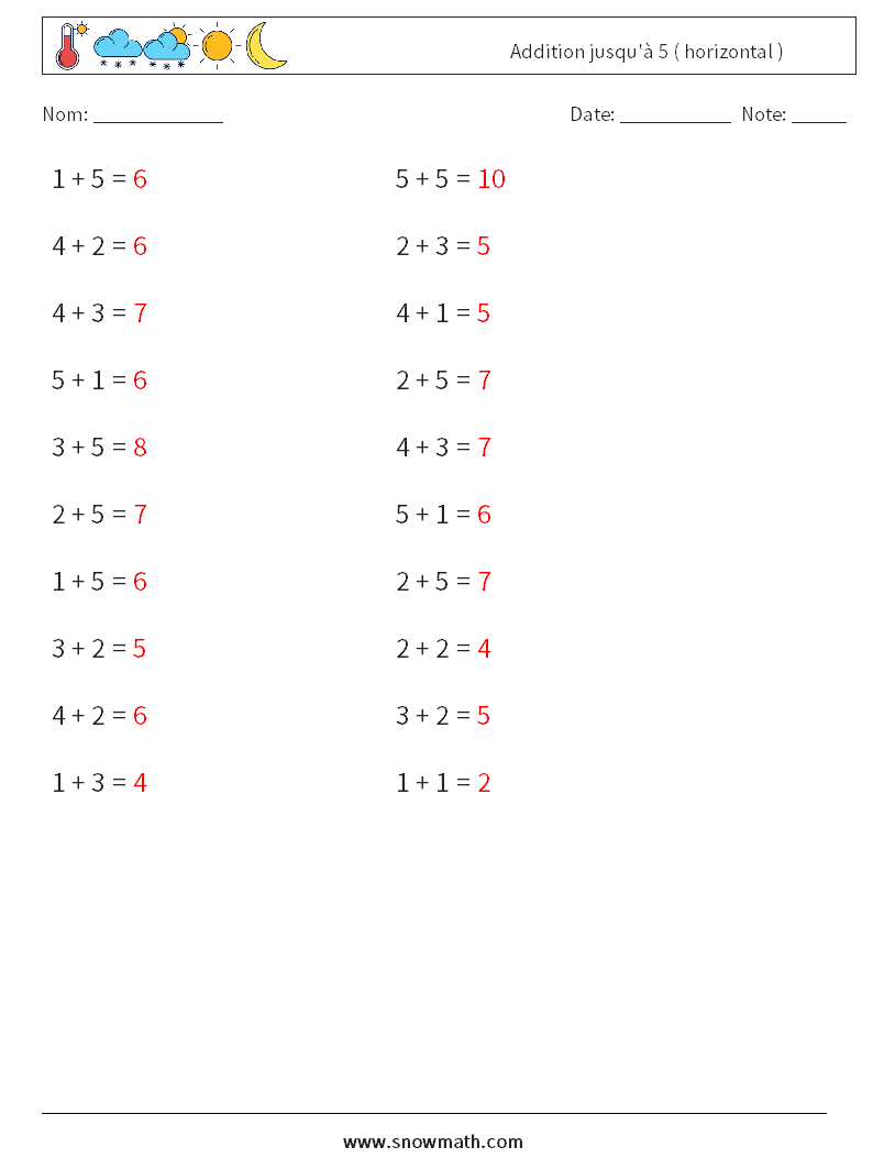 (20) Addition jusqu'à 5 ( horizontal ) Fiches d'Exercices de Mathématiques 3 Question, Réponse
