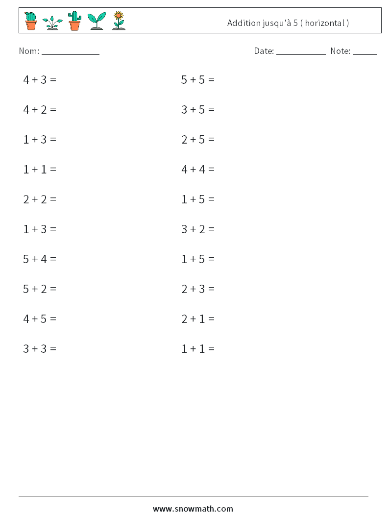 (20) Addition jusqu'à 5 ( horizontal ) Fiches d'Exercices de Mathématiques 5