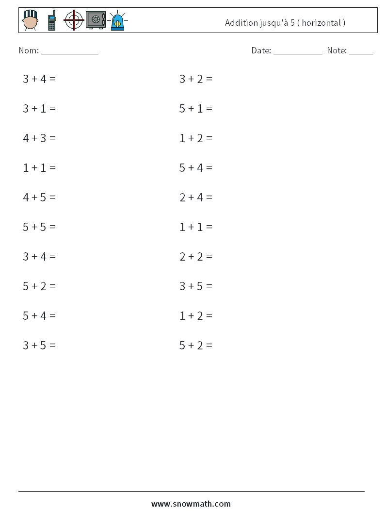 (20) Addition jusqu'à 5 ( horizontal ) Fiches d'Exercices de Mathématiques 7