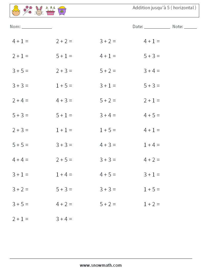 (50) Addition jusqu'à 5 ( horizontal ) Fiches d'Exercices de Mathématiques 1