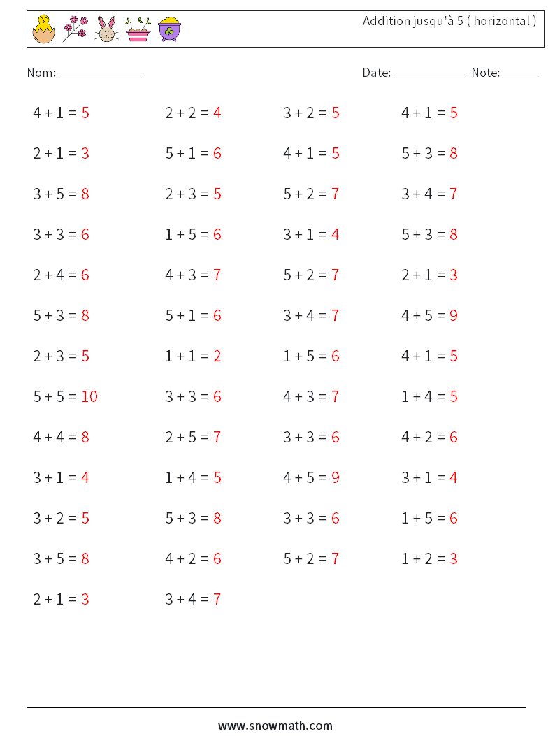 (50) Addition jusqu'à 5 ( horizontal ) Fiches d'Exercices de Mathématiques 1 Question, Réponse