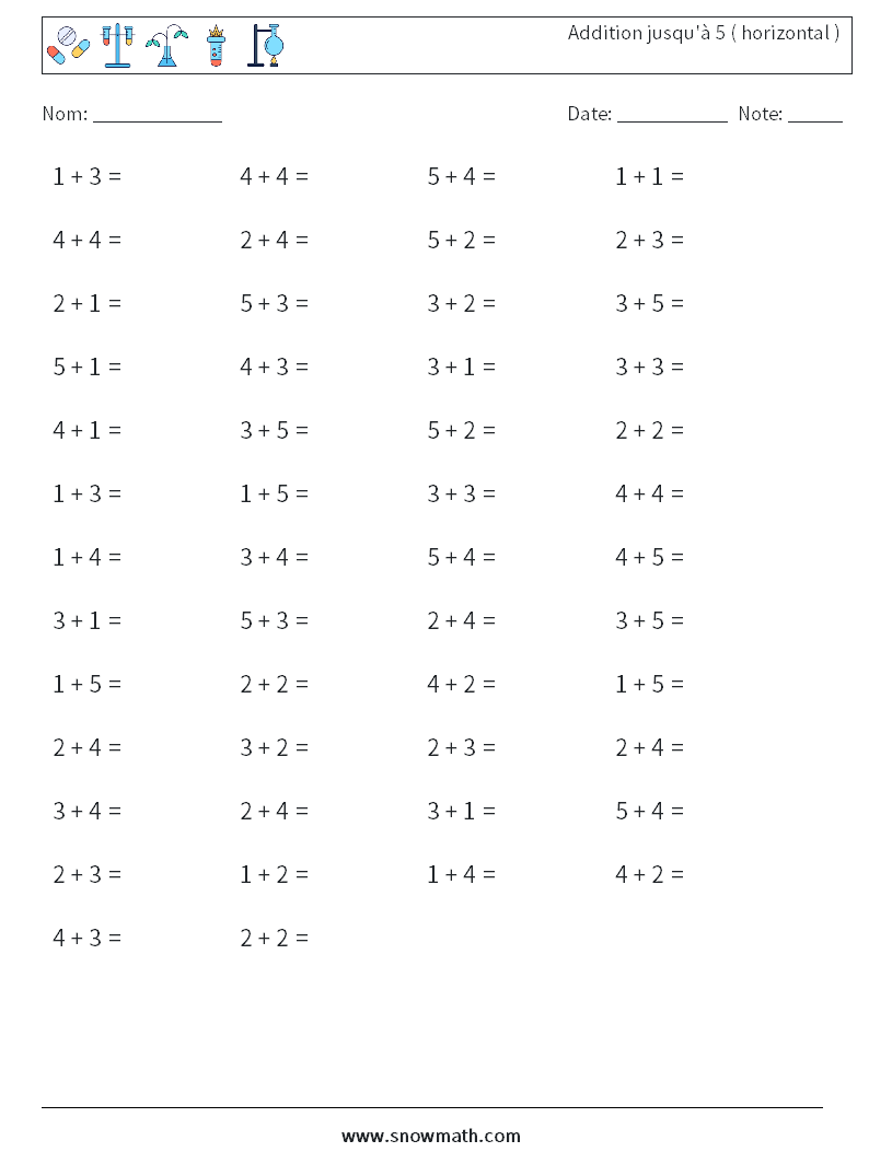 (50) Addition jusqu'à 5 ( horizontal ) Fiches d'Exercices de Mathématiques 2