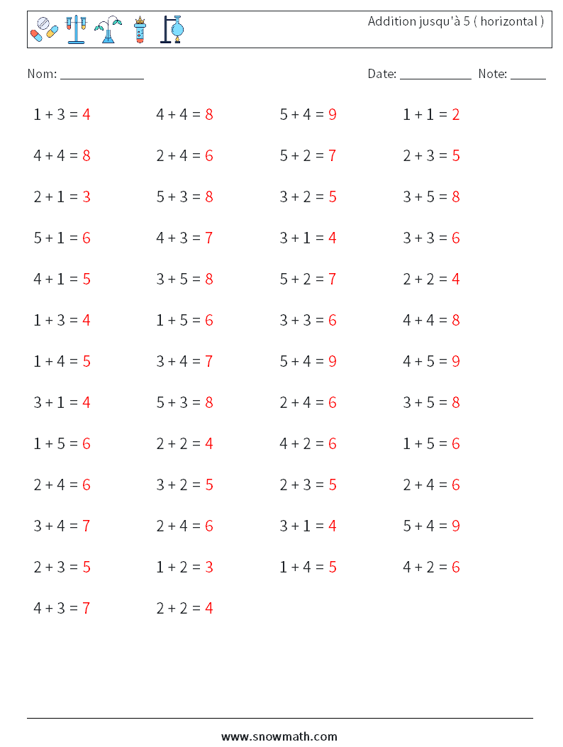 (50) Addition jusqu'à 5 ( horizontal ) Fiches d'Exercices de Mathématiques 2 Question, Réponse