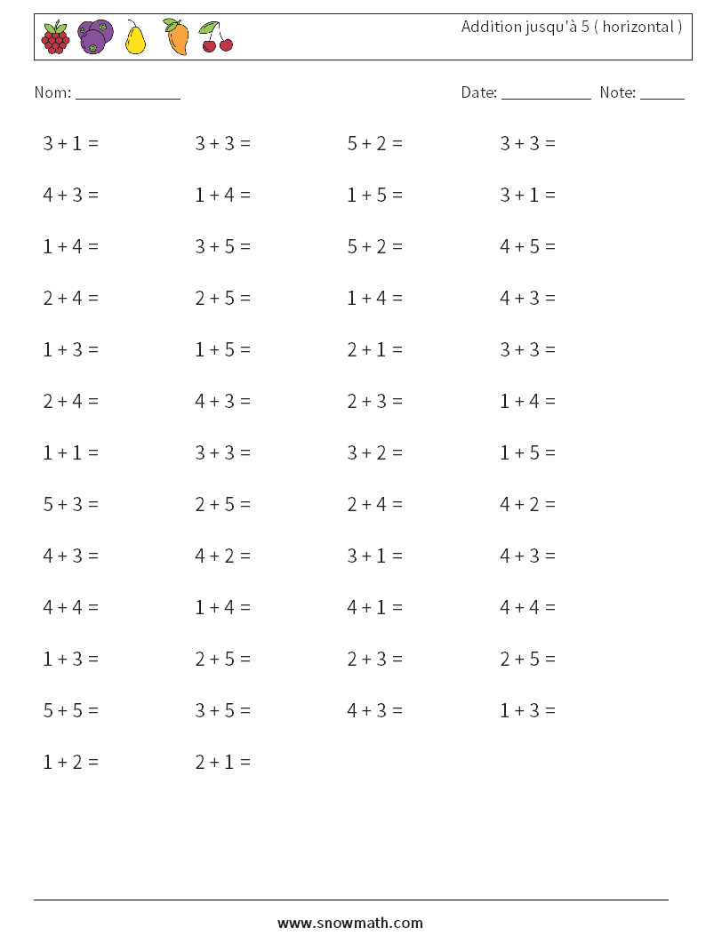 (50) Addition jusqu'à 5 ( horizontal ) Fiches d'Exercices de Mathématiques 3