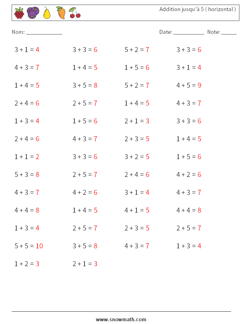 (50) Addition jusqu'à 5 ( horizontal ) Fiches d'Exercices de Mathématiques 3 Question, Réponse
