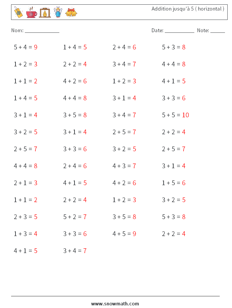 (50) Addition jusqu'à 5 ( horizontal ) Fiches d'Exercices de Mathématiques 4 Question, Réponse