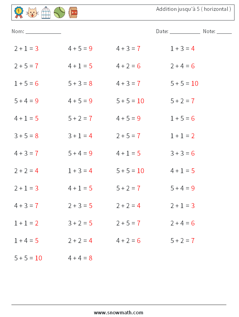 (50) Addition jusqu'à 5 ( horizontal ) Fiches d'Exercices de Mathématiques 5 Question, Réponse
