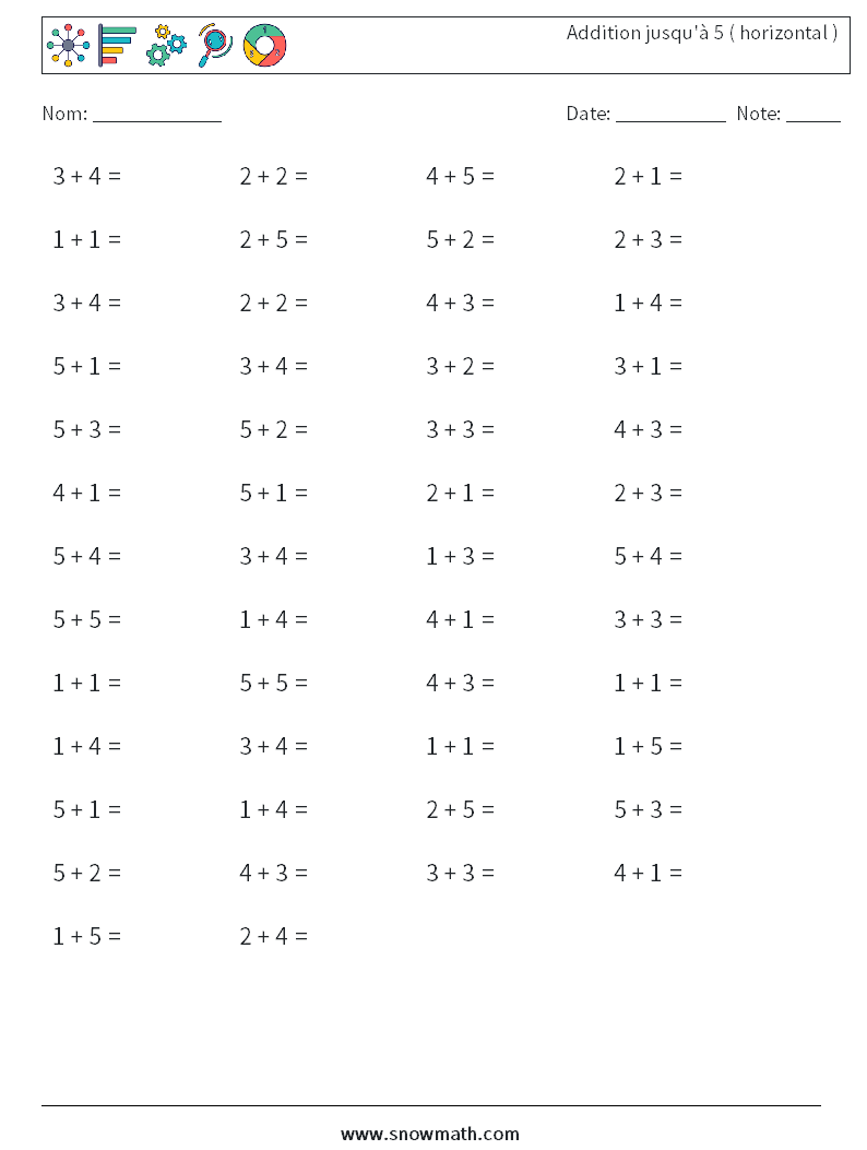 (50) Addition jusqu'à 5 ( horizontal ) Fiches d'Exercices de Mathématiques 8