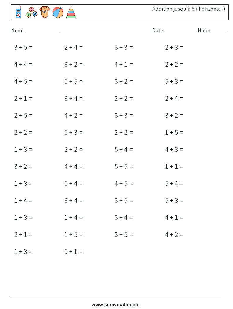 (50) Addition jusqu'à 5 ( horizontal ) Fiches d'Exercices de Mathématiques 9