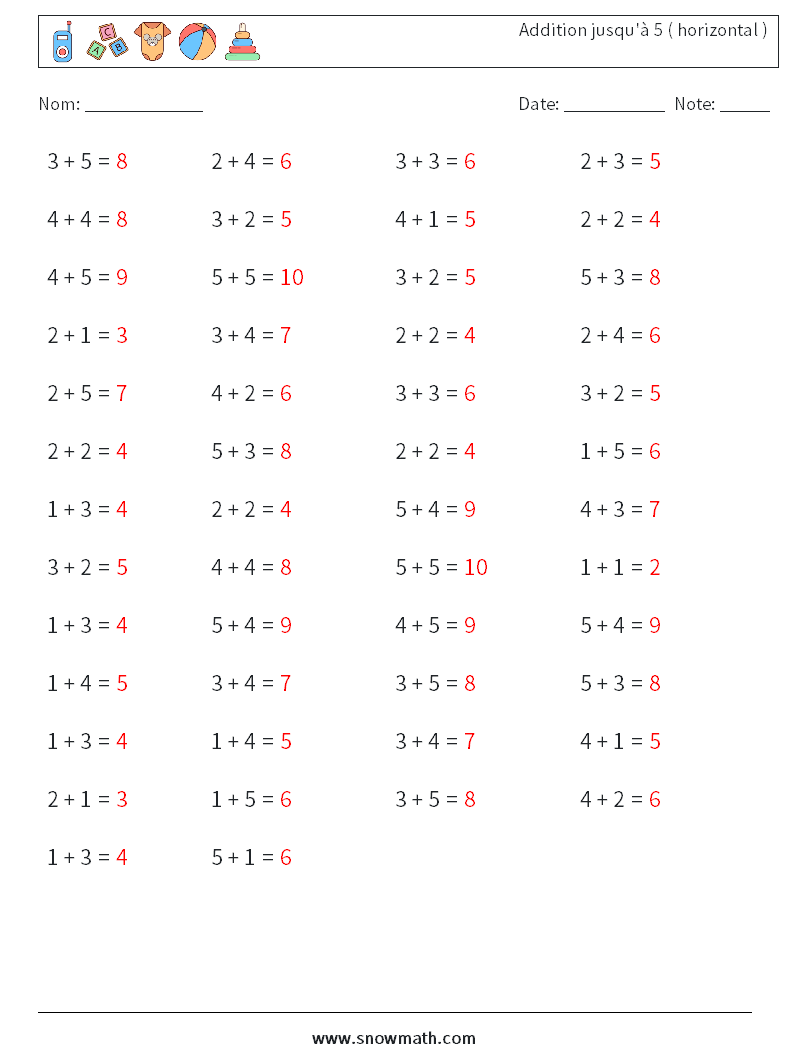 (50) Addition jusqu'à 5 ( horizontal ) Fiches d'Exercices de Mathématiques 9 Question, Réponse