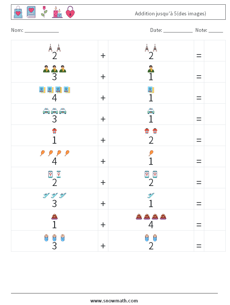 Addition jusqu'à 5(des images) Fiches d'Exercices de Mathématiques 1