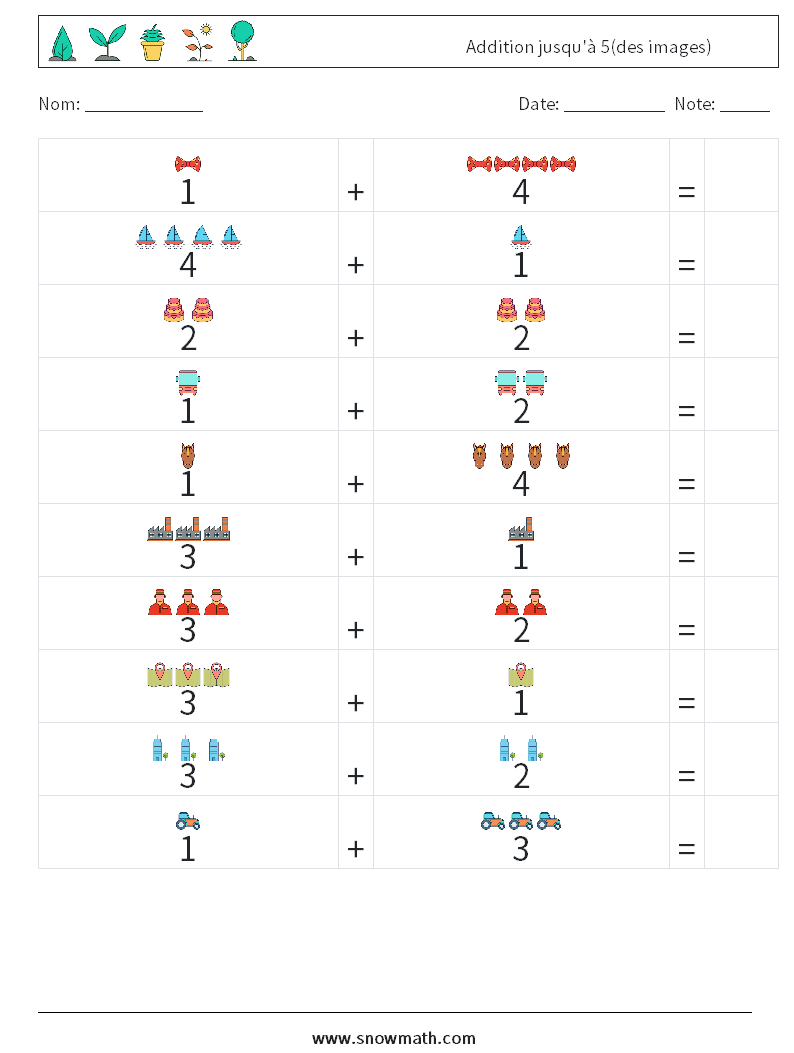 Addition jusqu'à 5(des images) Fiches d'Exercices de Mathématiques 10