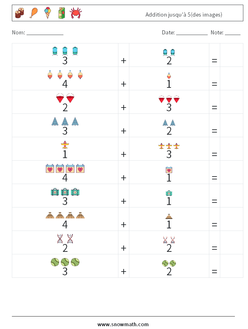 Addition jusqu'à 5(des images) Fiches d'Exercices de Mathématiques 11