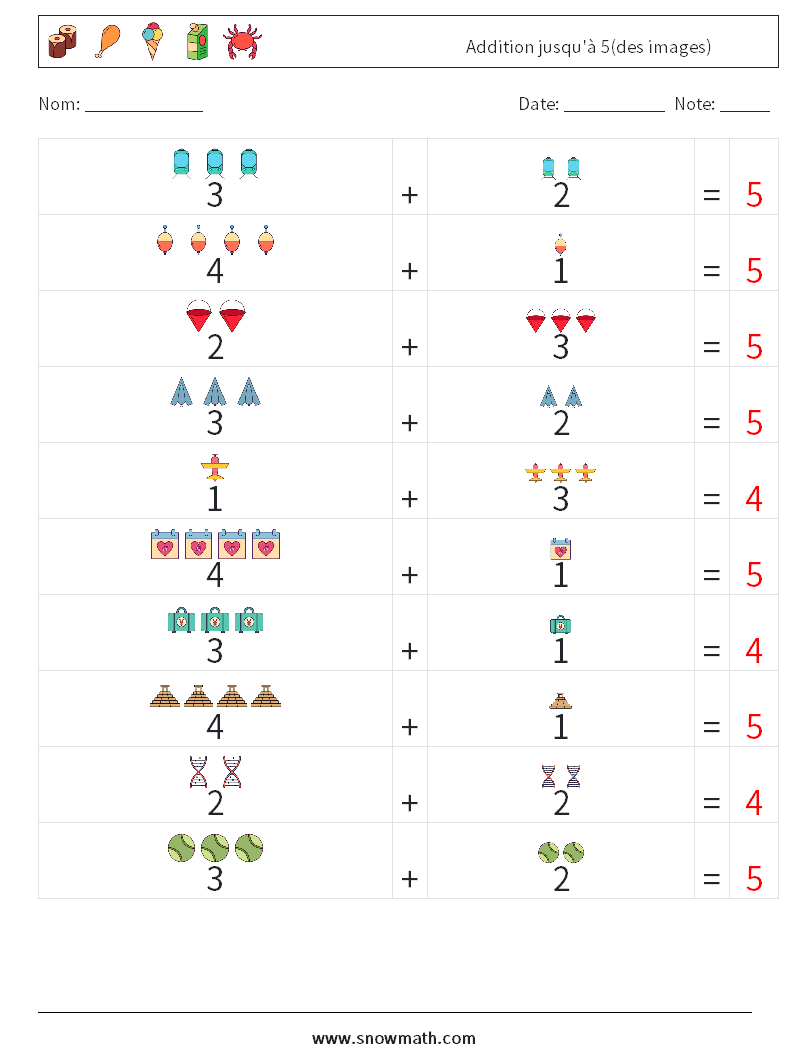 Addition jusqu'à 5(des images) Fiches d'Exercices de Mathématiques 11 Question, Réponse