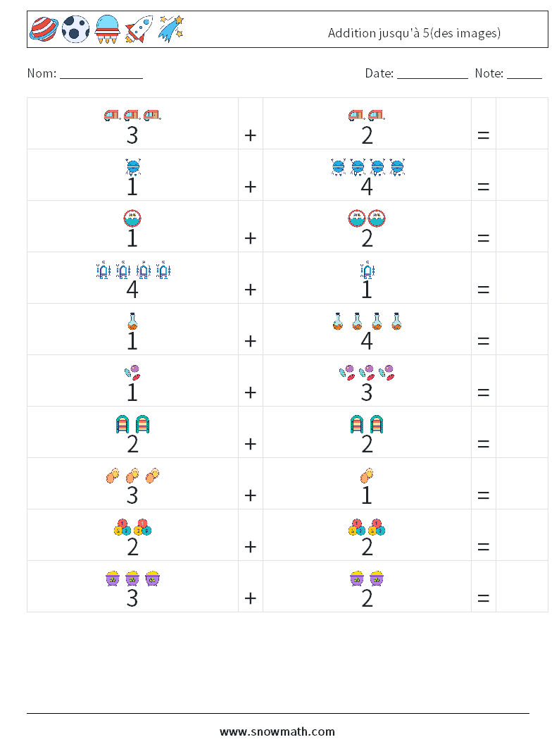 Addition jusqu'à 5(des images) Fiches d'Exercices de Mathématiques 12